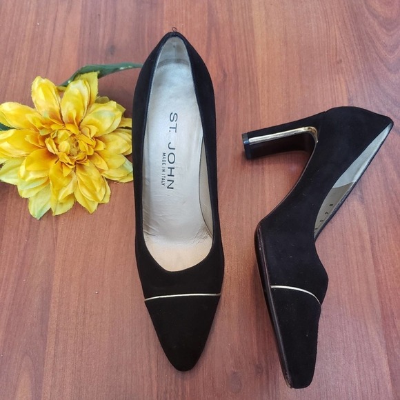 St. John Black Suede Pointed Toe Gold Trim Heels 8 - Picture 7 of 10